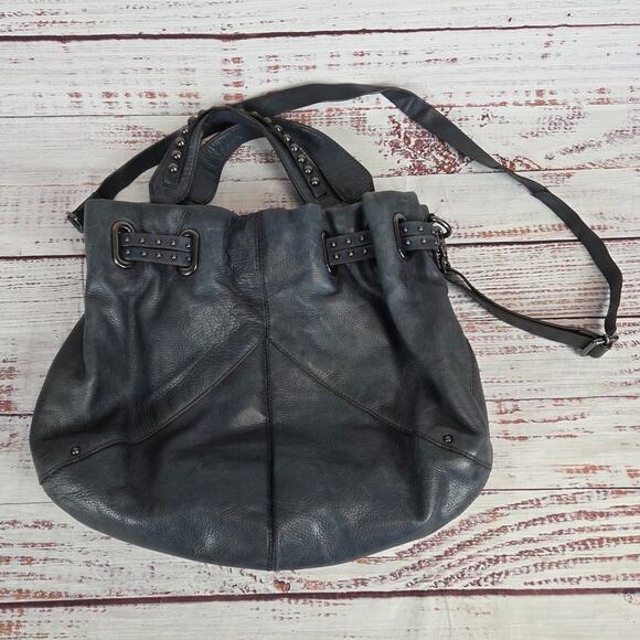 Banana Republic Dark Gray/Blue Genuine Leather Studded Dual Handle Crossbody Bag - Picture 3 of 12